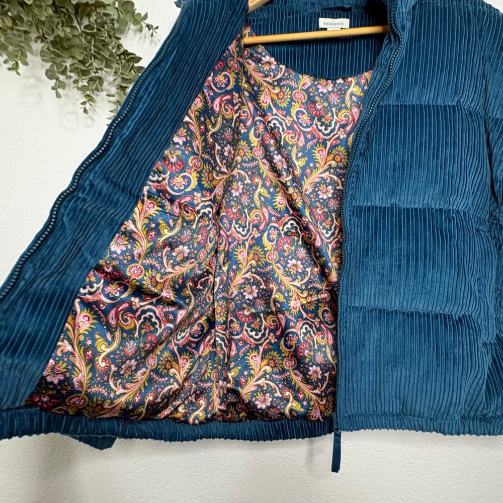 Sundance Teal Blue Corduroy Down Puffer Jacket Floral Paisley Lining Large - Picture 4 of 8